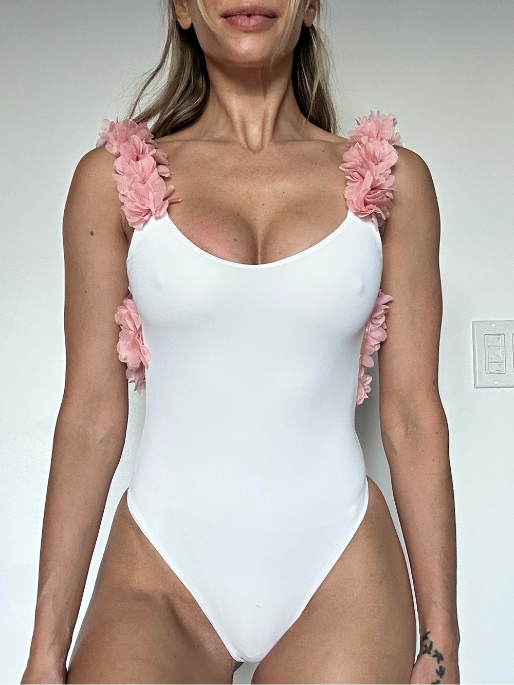 White One-Piece Swimsuit with Pink Floral Straps